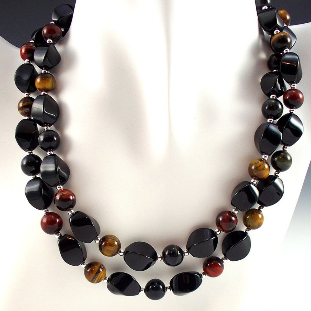 Onyx, Tri-Color Tiger Eye, and Sterling Necklace